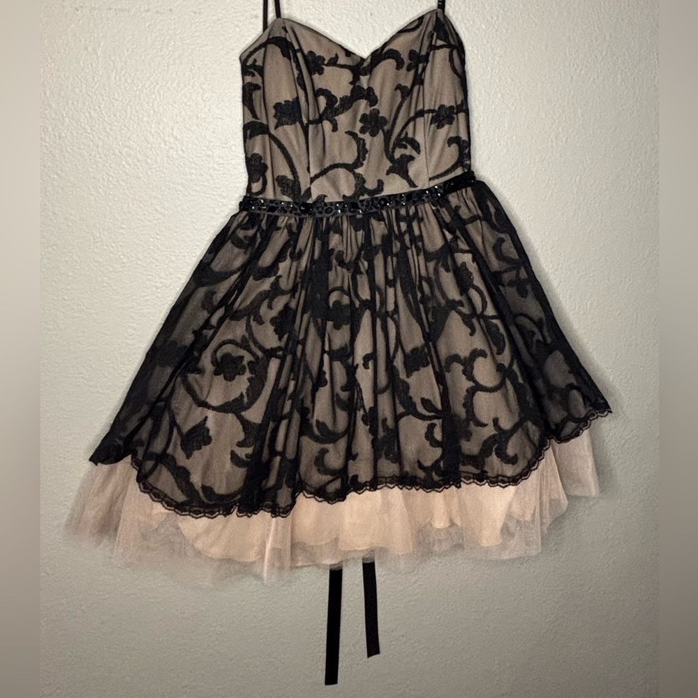 B Darlin Black Lace and Cream Strapless Dress